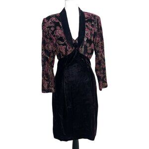 Vintage Scott McClintock Burgundy Red Velvet Floral Cocktail 2-Piece Dress M/L